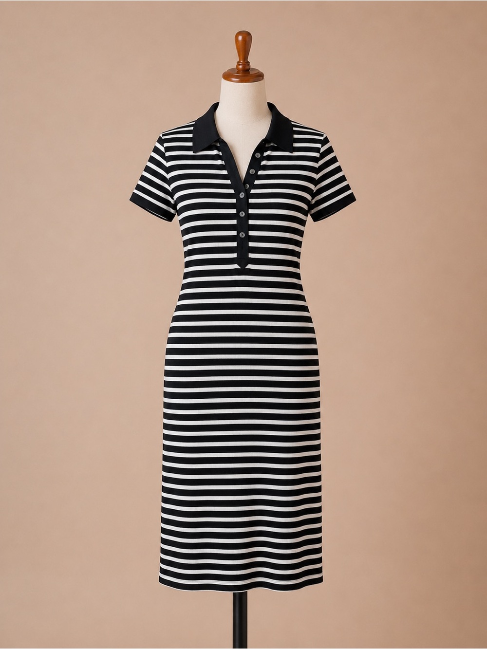 Veronica Beard Bailey Black White Striped Ribbed Polo Dress Size S